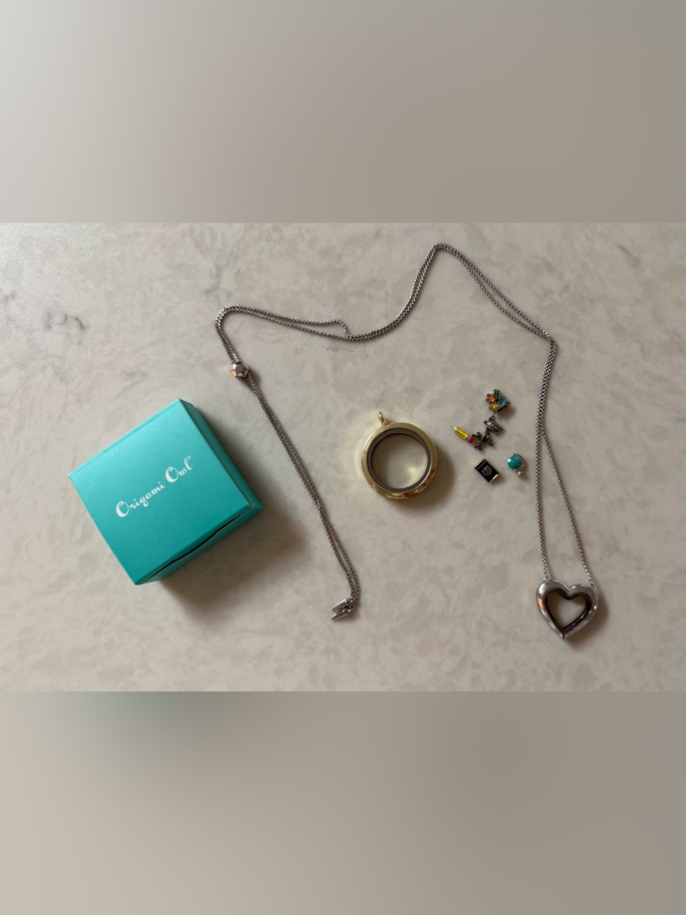 Origami Owl Silver Heart Necklace and Gold Locket with Charms